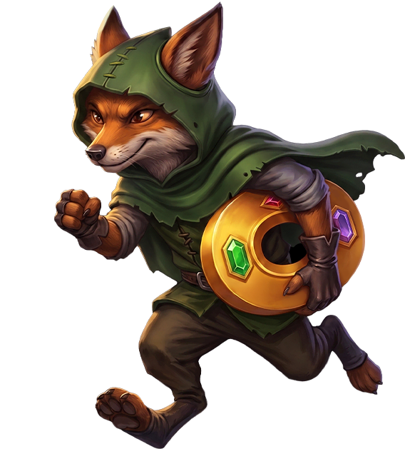 Rusco, der Fuchs als Maskottchen von Rivo, mit seiner Beute